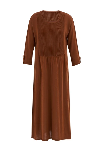 Peraluna Roba Detaylı Bol Kesim Merino Yün Karışım Uzun Kadın Triko Elbise - Kahve - Resim 7