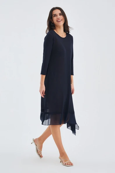 Peraluna Bol İnce Yazlık Şifonlu Kadın Triko Elbise - Lacivert - Resim 7
