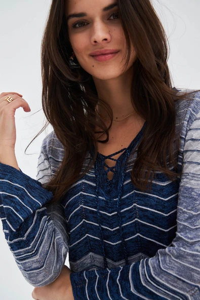 Peraluna SAKURA DRESS Çan Kollu Diz Üstü Yazlık Kadın Triko Elbise - İndigo Melanj - Resim 4