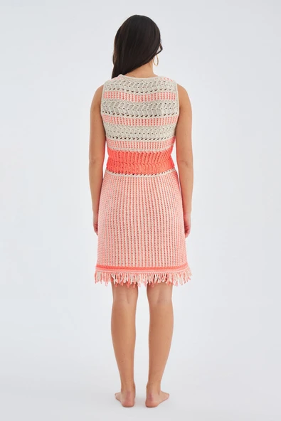Peraluna KİYO DRESS Kolsuz Pamuklu Diz Hizası Yazlık Kadın Elbise - Bej/Neon Turuncu - 8