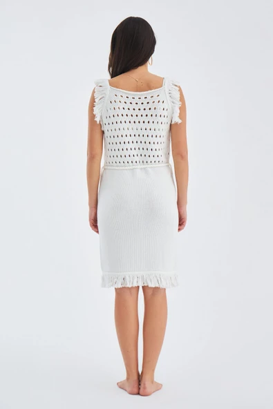 Peraluna MIYOKI DRESS %100 Pamuk Diz Hizası Yazlık Kadın Triko Elbise - Kırık Beyaz - Resim 9