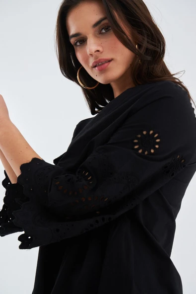 Peraluna HİROMİ DRESS %100 Pamuk 3/4 Kol Diz Hizası Yazlık Kadın Elbise - Siyah - Resim 5