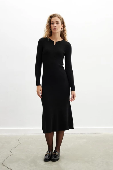 Styleboom X Peraluna DORSET DRESS Toka Detaylı Ribana Örgü Midi Kadın Triko Elbise - Siyah - Resim 2