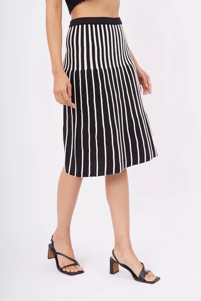 Peraluna JULE SKIRT Midi Boy Çizgili Çan Etek - SİYAH_EKRU - Resim 3