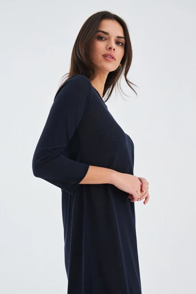 Peraluna Bol İnce Yazlık Şifonlu Kadın Triko Elbise - Lacivert - Resim 4