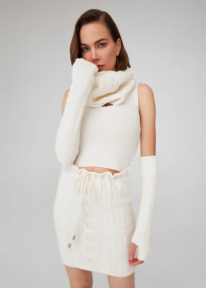 Peraluna Saç Örgü Desenli Kaşmir Karışımlı Uzun Kadın Triko Eldiven - Ekru - Resim 3