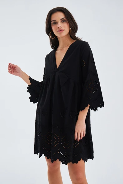 Peraluna HİROMİ DRESS %100 Pamuk 3/4 Kol Diz Hizası Yazlık Kadın Elbise - Siyah - 2