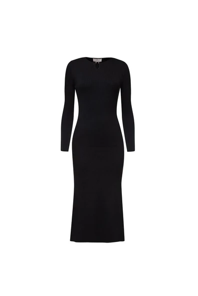 Styleboom X Peraluna DORSET DRESS Toka Detaylı Ribana Örgü Midi Kadın Triko Elbise - Siyah - Resim 7