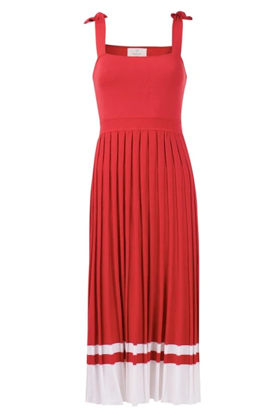 Styleboom X Peraluna KELLY DRESS Askılı Bağlama Detaylı Rahat Kesim Midi Boy Yazlık Kadın Triko Elbise - Kırmızı - 8