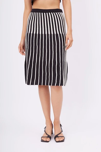 Peraluna JULE SKIRT Midi Boy Çizgili Çan Etek - SİYAH_EKRU - Resim 2