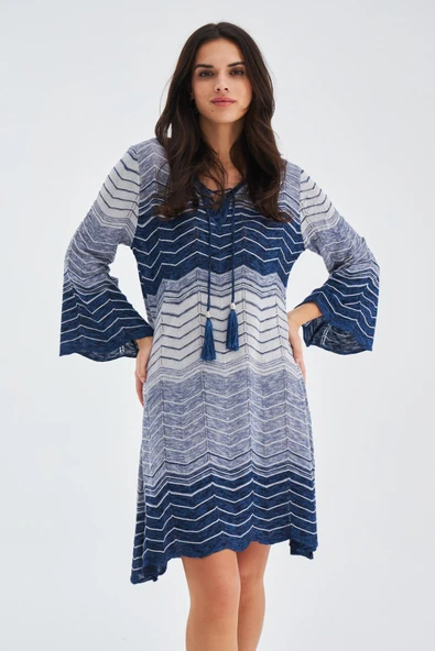 Peraluna SAKURA DRESS Çan Kollu Diz Üstü Yazlık Kadın Triko Elbise - İndigo Melanj - Resim 2