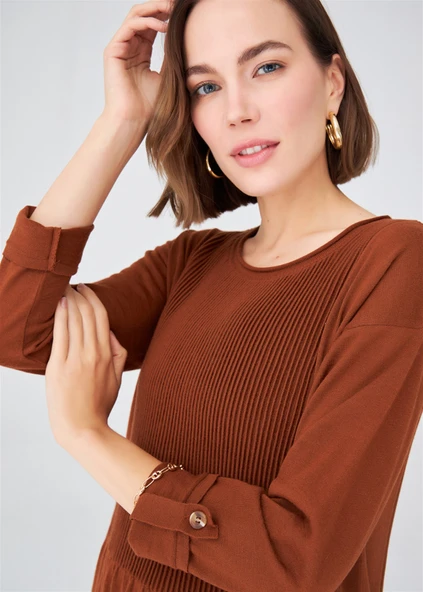 Peraluna Roba Detaylı Bol Kesim Merino Yün Karışım Uzun Kadın Triko Elbise - Kahve - Resim 3