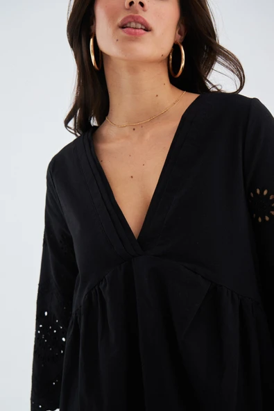 Peraluna HİROMİ DRESS %100 Pamuk 3/4 Kol Diz Hizası Yazlık Kadın Elbise - Siyah - Resim 4