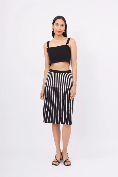 Peraluna JULE SKIRT Midi Boy Çizgili Çan Etek - SİYAH_EKRU - Resim 5