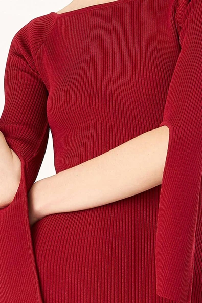 Peraluna Ribanalı Fırfırlı Kadın Abiye Elbise - BORDO - Resim 4