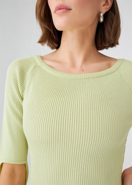 Peraluna Ribanalı Diz Boyu Abiye Kadın Triko Elbise - Yeşil - Resim 4