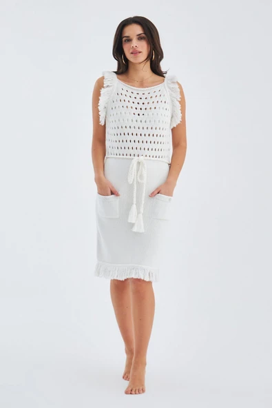 Peraluna MIYOKI DRESS %100 Pamuk Diz Hizası Yazlık Kadın Triko Elbise - Kırık Beyaz - Resim 6