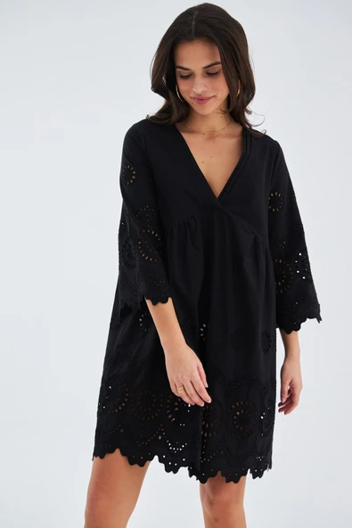 Peraluna HİROMİ DRESS %100 Pamuk 3/4 Kol Diz Hizası Yazlık Kadın Elbise - Siyah - Resim 6