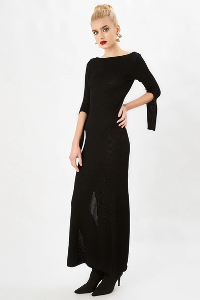 Peraluna Sırtı Açık Uzun Abiye Elbise - SİYAH - Resim 5