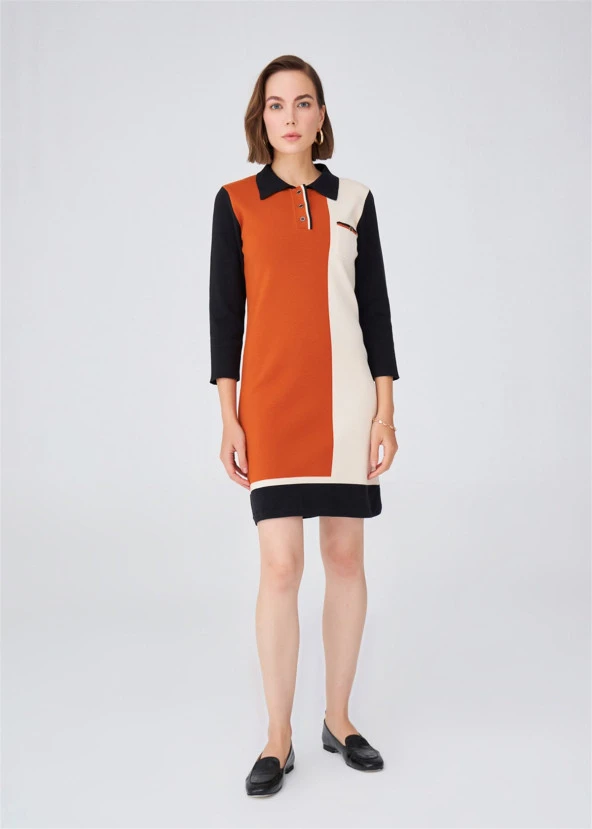 Peraluna Renk Bloklu Düz Kesim Diz Üstü Polo Yaka Kadın Triko Elbise Çok Renkli