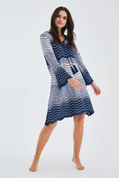 Peraluna SAKURA DRESS Çan Kollu Diz Üstü Yazlık Kadın Triko Elbise - İndigo Melanj - Resim 6