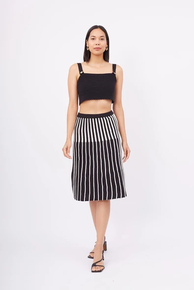 Peraluna JULE SKIRT Midi Boy Çizgili Çan Etek - SİYAH_EKRU ürün görseli 1