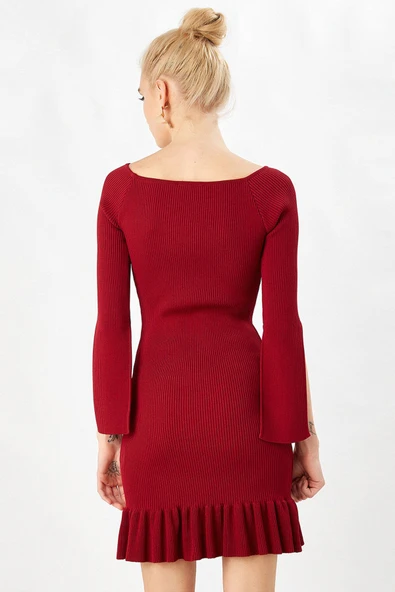 Peraluna Ribanalı Fırfırlı Kadın Abiye Elbise - BORDO - Resim 5