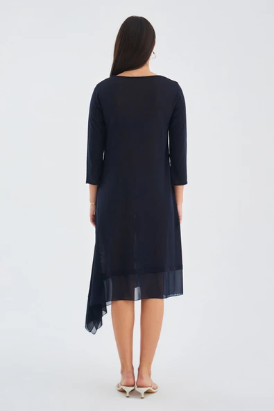 Peraluna Bol İnce Yazlık Şifonlu Kadın Triko Elbise - Lacivert - Resim 8