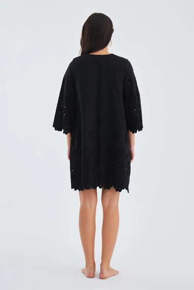 Peraluna HİROMİ DRESS %100 Pamuk 3/4 Kol Diz Hizası Yazlık Kadın Elbise - Siyah - Resim 9