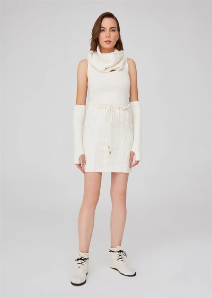 Peraluna Saç Örgü Desenli Kaşmir Karışımlı Uzun Kadın Triko Eldiven - Ekru ürün görseli 1