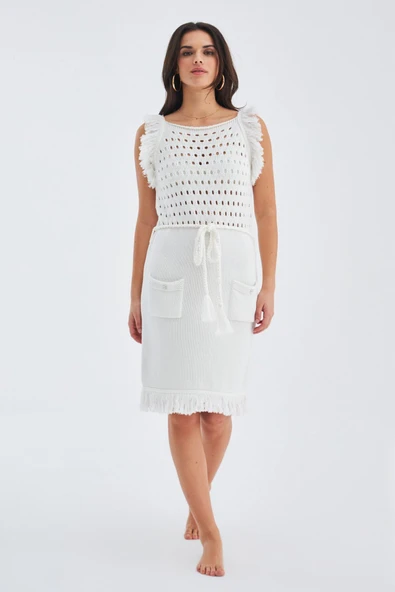 Peraluna MIYOKI DRESS %100 Pamuk Diz Hizası Yazlık Kadın Triko Elbise - Kırık Beyaz ürün görseli 1