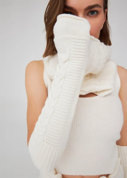 Peraluna Saç Örgü Desenli Kaşmir Karışımlı Uzun Kadın Triko Eldiven - Ekru - Resim 4