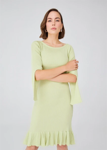 Peraluna Ribanalı Diz Boyu Abiye Kadın Triko Elbise - Yeşil - Resim 2