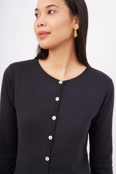 Peraluna MILA CARDIGAN Bisiklet Yaka Basic Pamuklu Kadın Triko Hırka - SİYAH - Resim 4