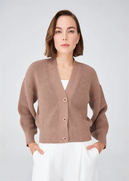 Peraluna OLIVIA CARDIGAN Selanik Örgü %100 Pamuk V Yaka Kadın Triko Hırka - Camel Melanj - Resim 3