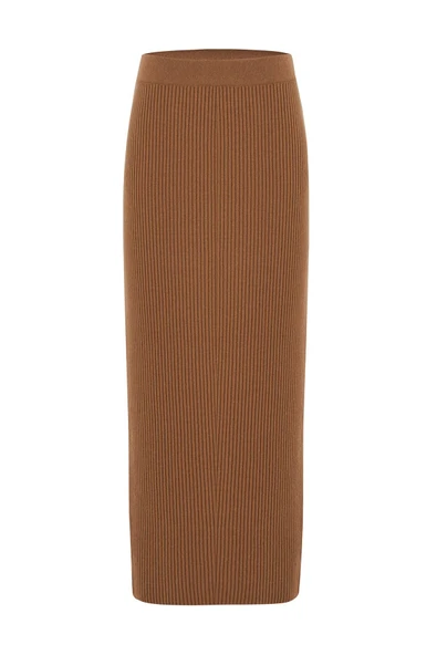 Peraluna Ribana Örgülü Kaşmir Karışımlı Yüksek Bel Kalem Kadın Triko Etek - Camel - Resim 7