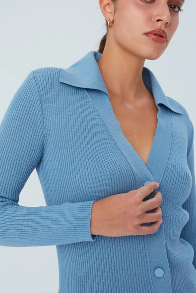 Peraluna Polo V Yaka Ribana Örgü Fit Kesim Kadın Triko Hırka - Mavi - 6