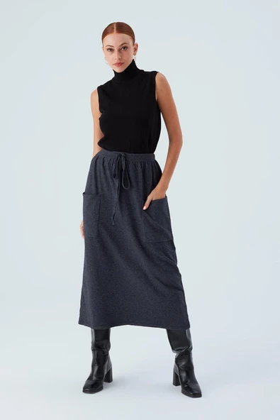 Peraluna NORA SKİRT Rahat Kesim Beli Lastikli Bilek Hizası Cepli Kadın Triko Etek - Antrasit - Resim 8