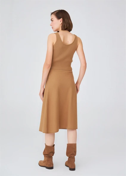 Peraluna Kloş Kesim Kaşmir Karışım Diz Altı Triko Etek - Camel - Resim 9