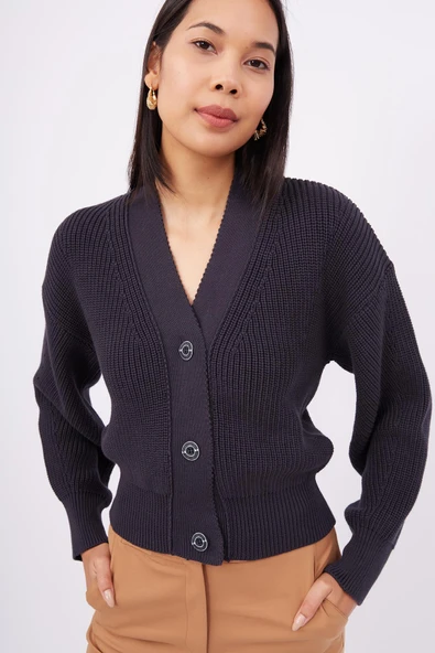 Peraluna OLIVIA CARDIGAN Selanik Örgü %100 Pamuk V Yaka Kadın Triko Hırka - Siyah - 5
