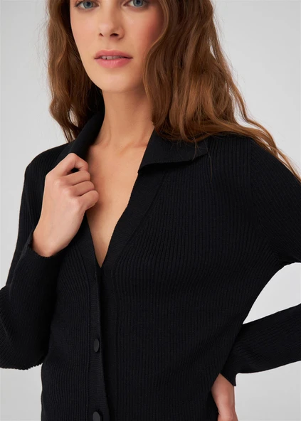 Peraluna Polo V Yaka Ribana Örgü Fit Kesim Kadın Triko Hırka - Siyah - Resim 4