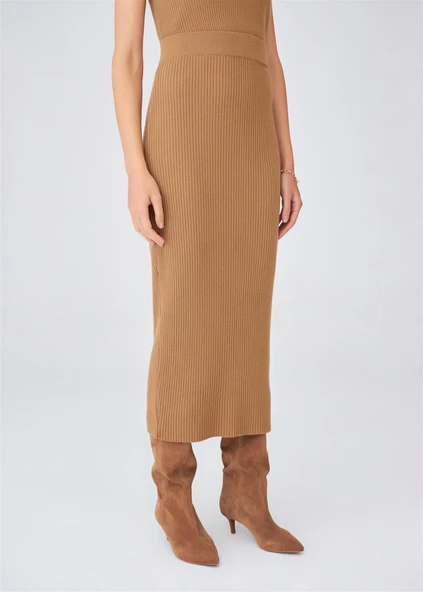 Peraluna Ribana Örgülü Kaşmir Karışımlı Yüksek Bel Kalem Kadın Triko Etek - Camel - Resim 6
