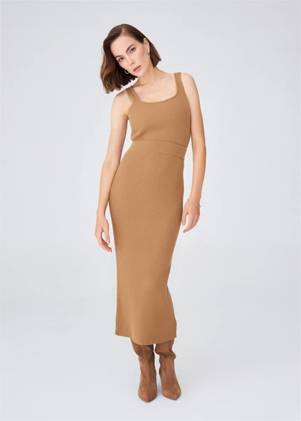 Peraluna Ribana Örgülü Kaşmir Karışımlı Yüksek Bel Kalem Kadın Triko Etek - Camel - Resim 2