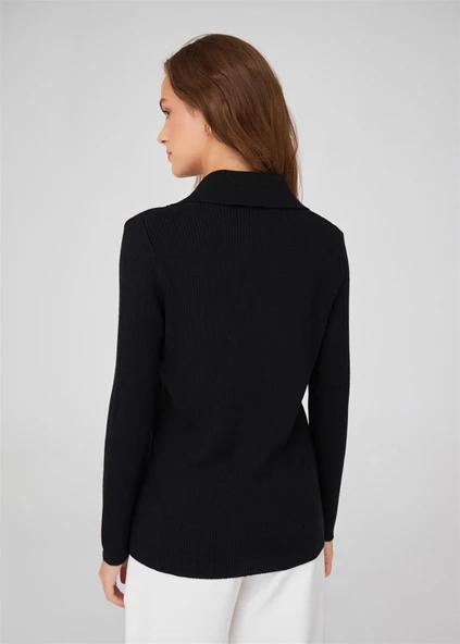 Peraluna Polo V Yaka Ribana Örgü Fit Kesim Kadın Triko Hırka - Siyah - Resim 6