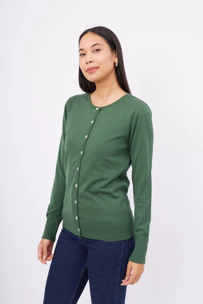 Peraluna MILA CARDIGAN Bisiklet Yaka Basic Pamuklu Kadın Triko Hırka - Koyu Yeşil - 6