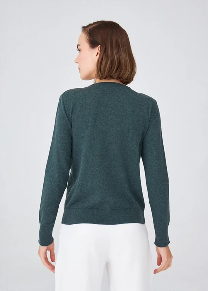 Peraluna Pamuklu Bisiklet Yaka Basic Kadın Triko Hırka - Koyu Yeşil Melanj - Resim 6