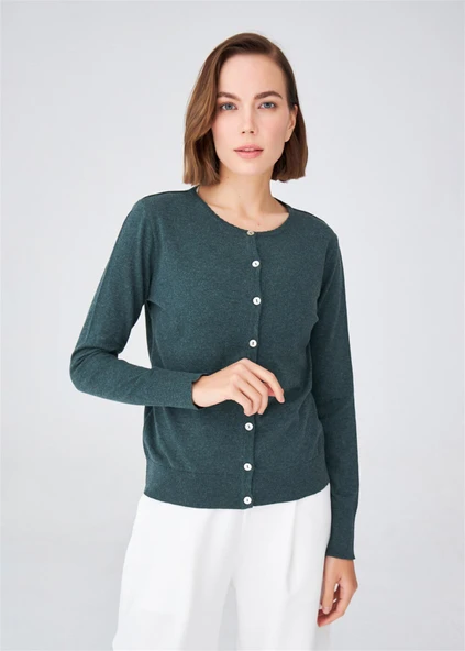 Peraluna Pamuklu Bisiklet Yaka Basic Kadın Triko Hırka - Koyu Yeşil Melanj - Resim 3