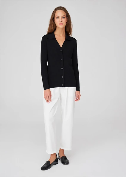 Peraluna Polo V Yaka Ribana Örgü Fit Kesim Kadın Triko Hırka - Siyah ürün görseli 1