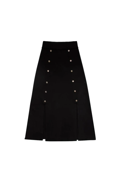 Peraluna BLAKE SKIRT Düğme Detaylı Yırtmaçlı Midi Boy Kadın Triko Etek - Siyah - Resim 6