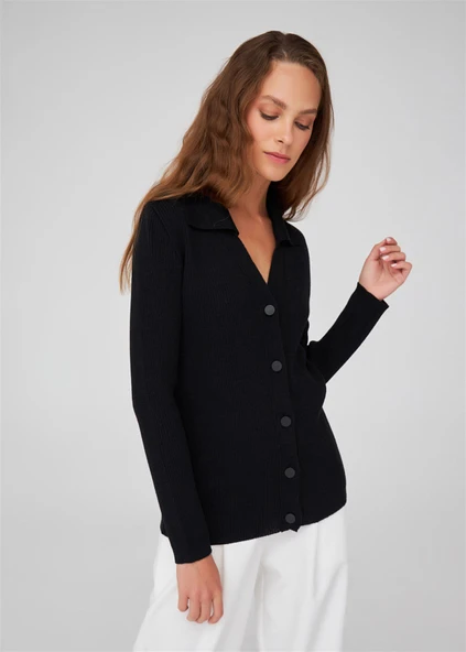 Peraluna Polo V Yaka Ribana Örgü Fit Kesim Kadın Triko Hırka - Siyah - Resim 3